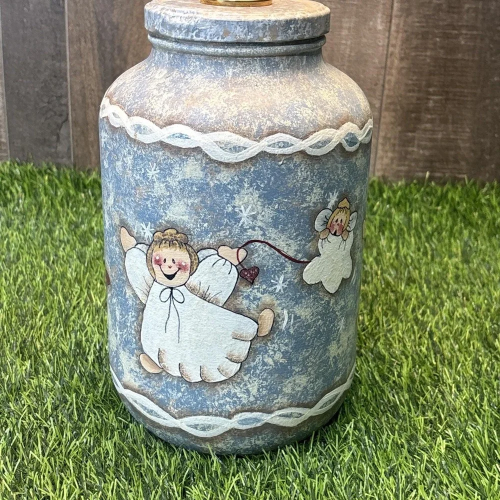 Handmade Folk Art Angel Lamp Rustic Painted Jar Christmas Decor